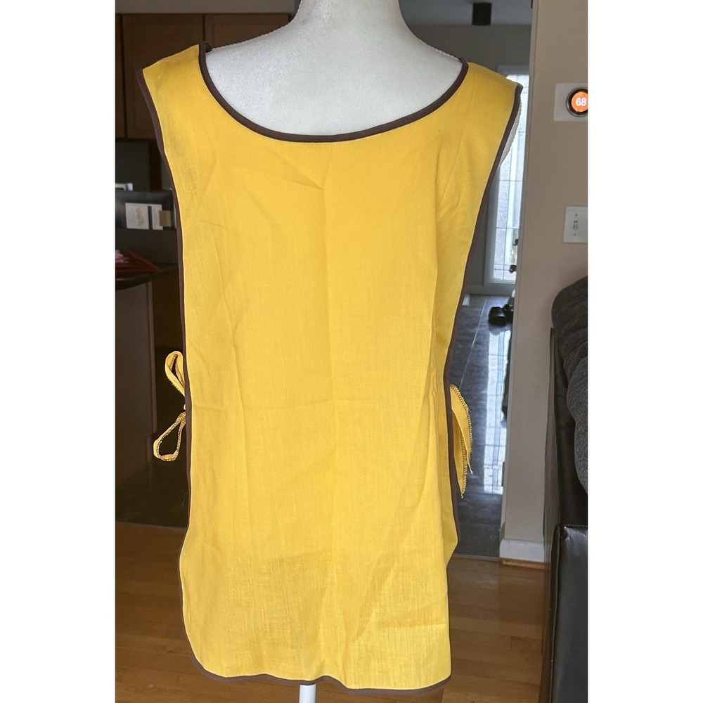 Vtg Apron Mustard Yellow & Brown 3 Pockets Homespun 1970 s Cottage Grandma Core - Picture 5 of 8